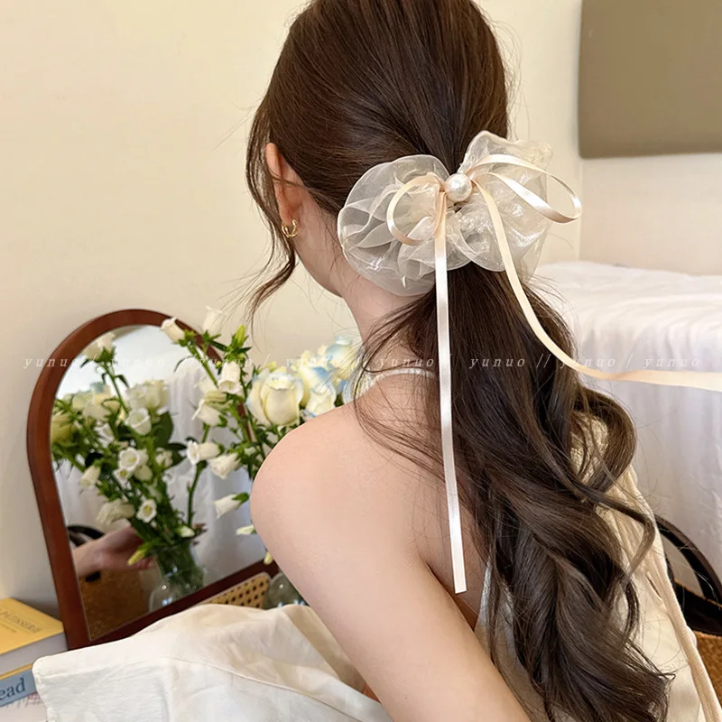 

2025 Korean Gentle Bow Scrunchies Satin Ribbon Fashion Pearl Hair Ties for Women Chic Chunky Ponytail Holder Hair Accessories