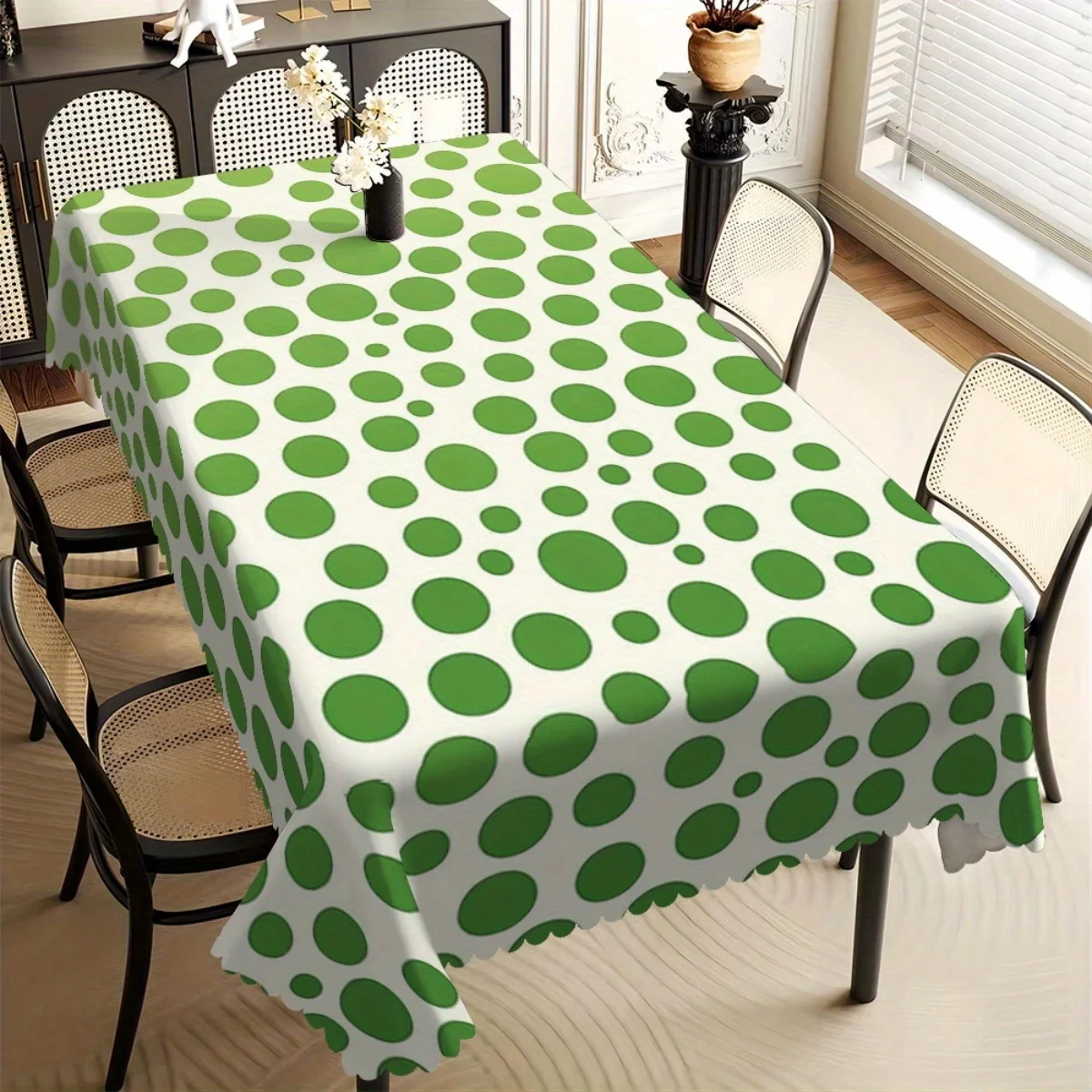 Stylish Retro Polka Dot Tablecloth, White Fabric with Bright Green Spots, Durable with Scalloped Hem, for Indoor Dining & Casual