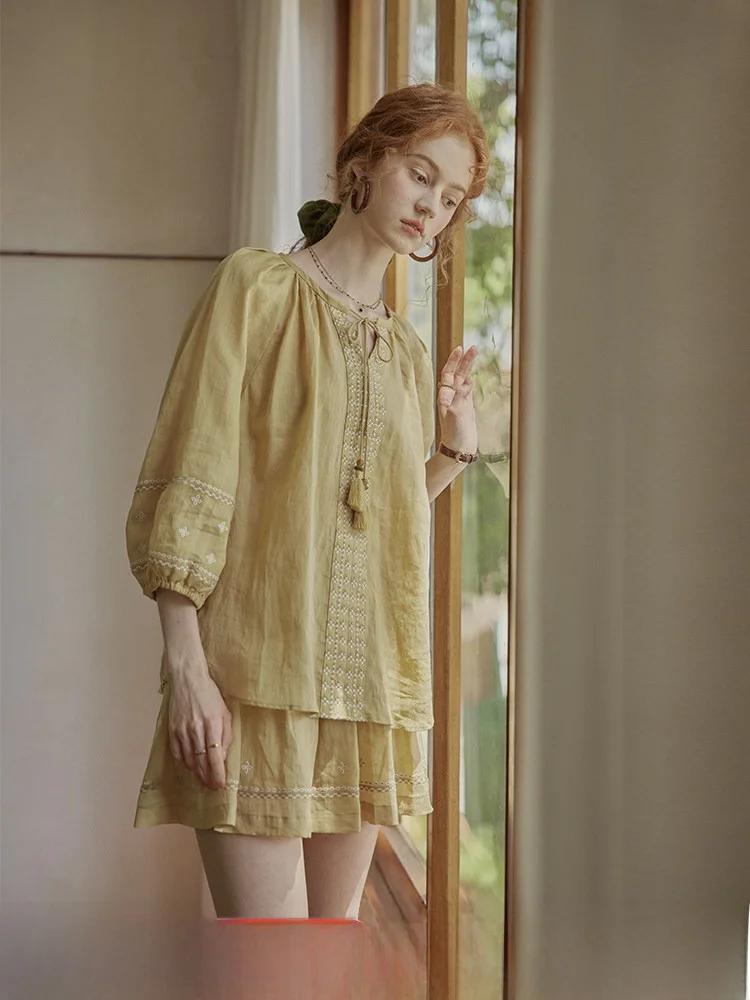 

Комплект Cpiaxa: винтажная вышитая юбка-брюки из конопляной ткани, футболка с рукавом до локтя, модный женский ансамбль с круглым вырезом