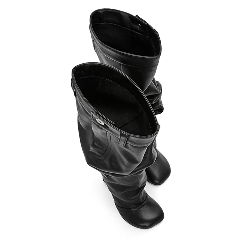 Square Flat Toe Black Pleated Pile Flat Boots Woman Winter 2023 Buttons Slip-On Knee-High Boots Fashion Shoes for Women