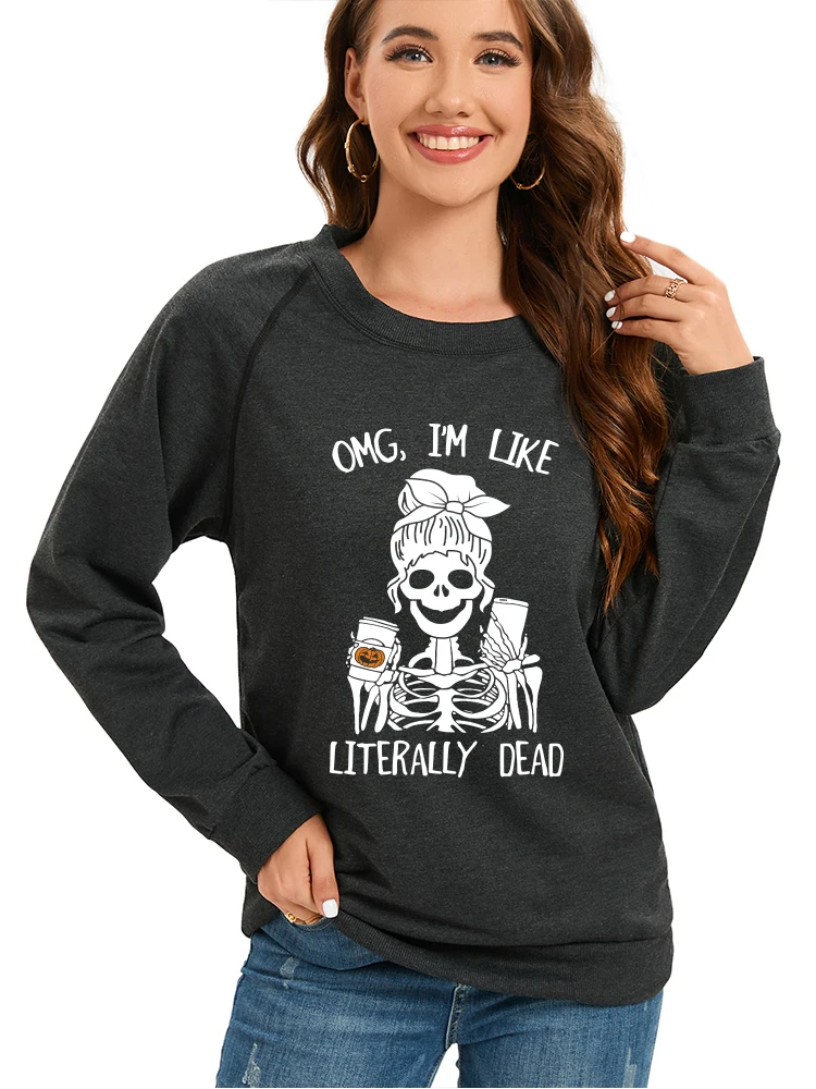 Seeyoushy OMG I'M LIKE LITERALLY DEAD Fashion Skull Print 2023 New O-neck Ladies Ladies Y2K Women's Clothing Street Trend Hoodie