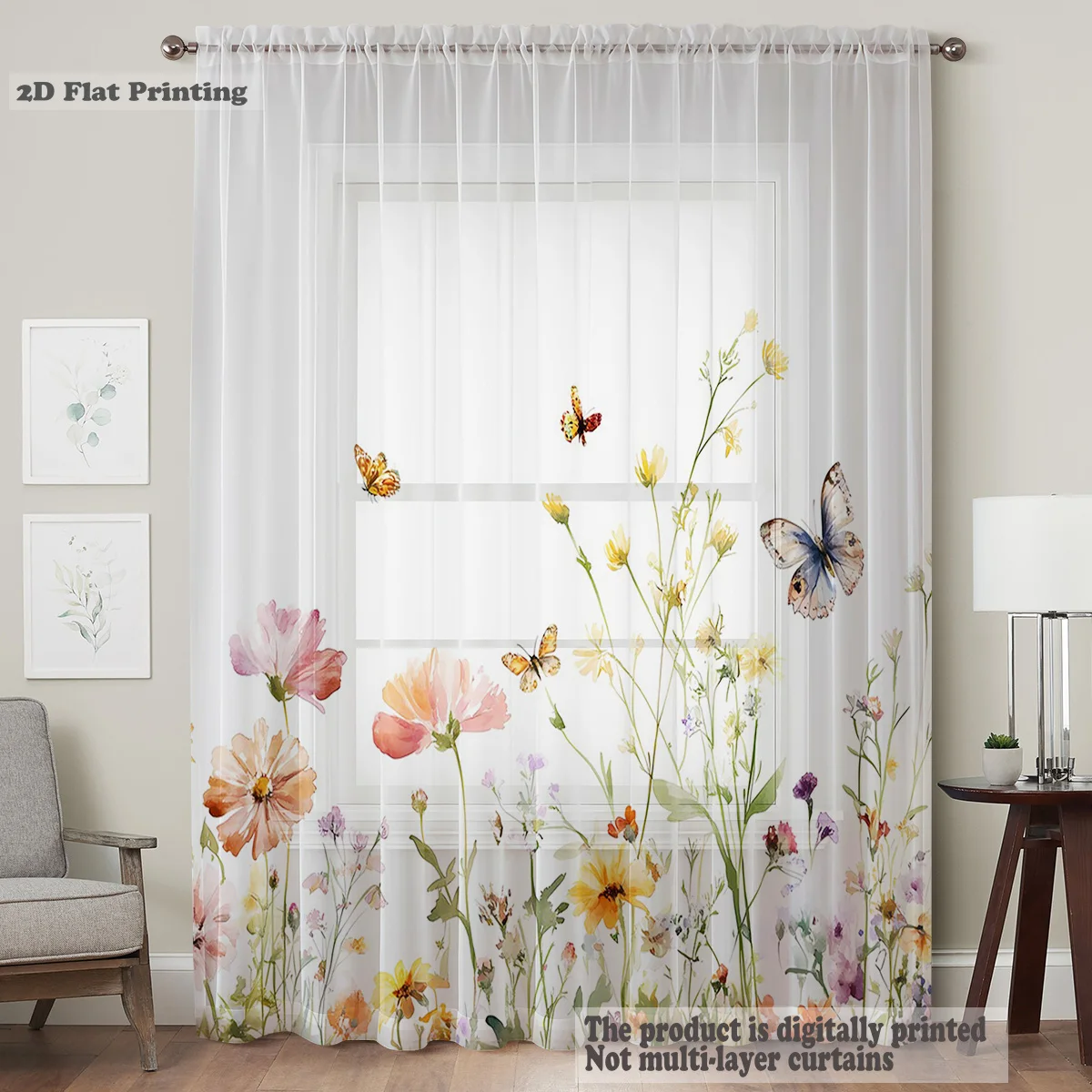 Butterfly Theme One-Piece Semi-Transparent Window Screen Natural Lightweight French Country Style Garden Pole Window Screen