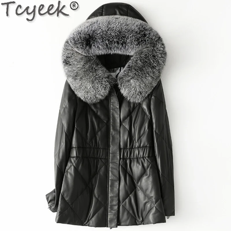 

Tcyeek Winter Jacket Women Clothes Sheepskin Silm Genuine Leather Jacket Black Hooded Fox Fur Collar Women's Long Coat Chaquetas