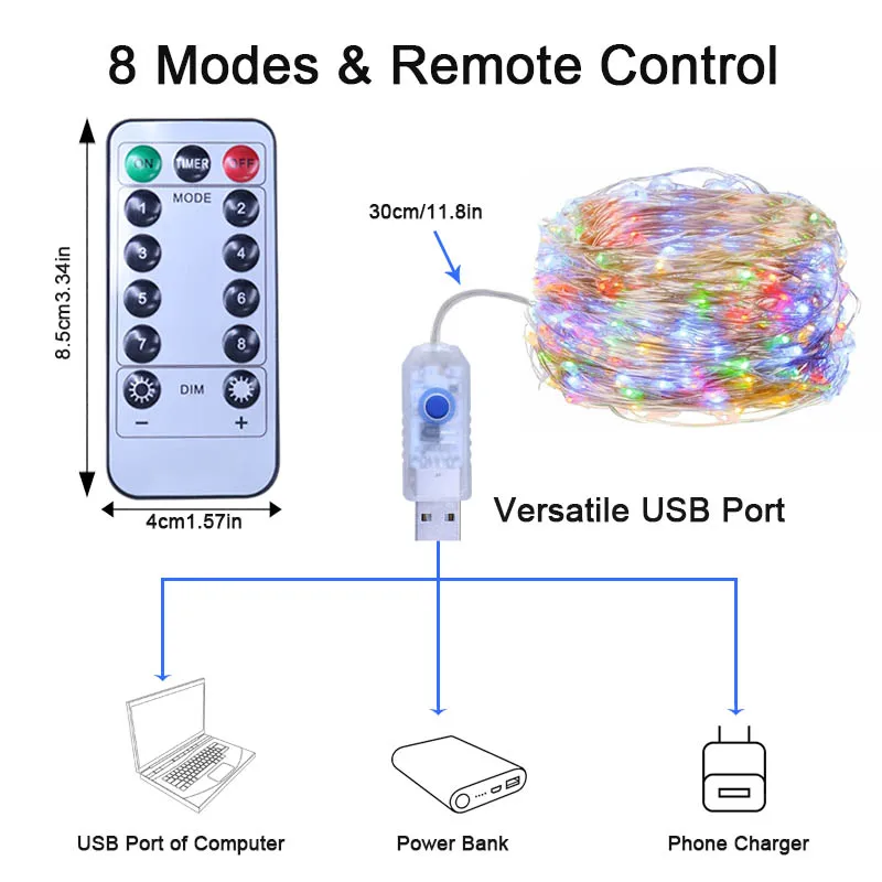 USB LED String Light Copper Wire Garland Light 8 Modes Remote Control Waterproof Fairy Lights Party Christmas Wedding Decoration