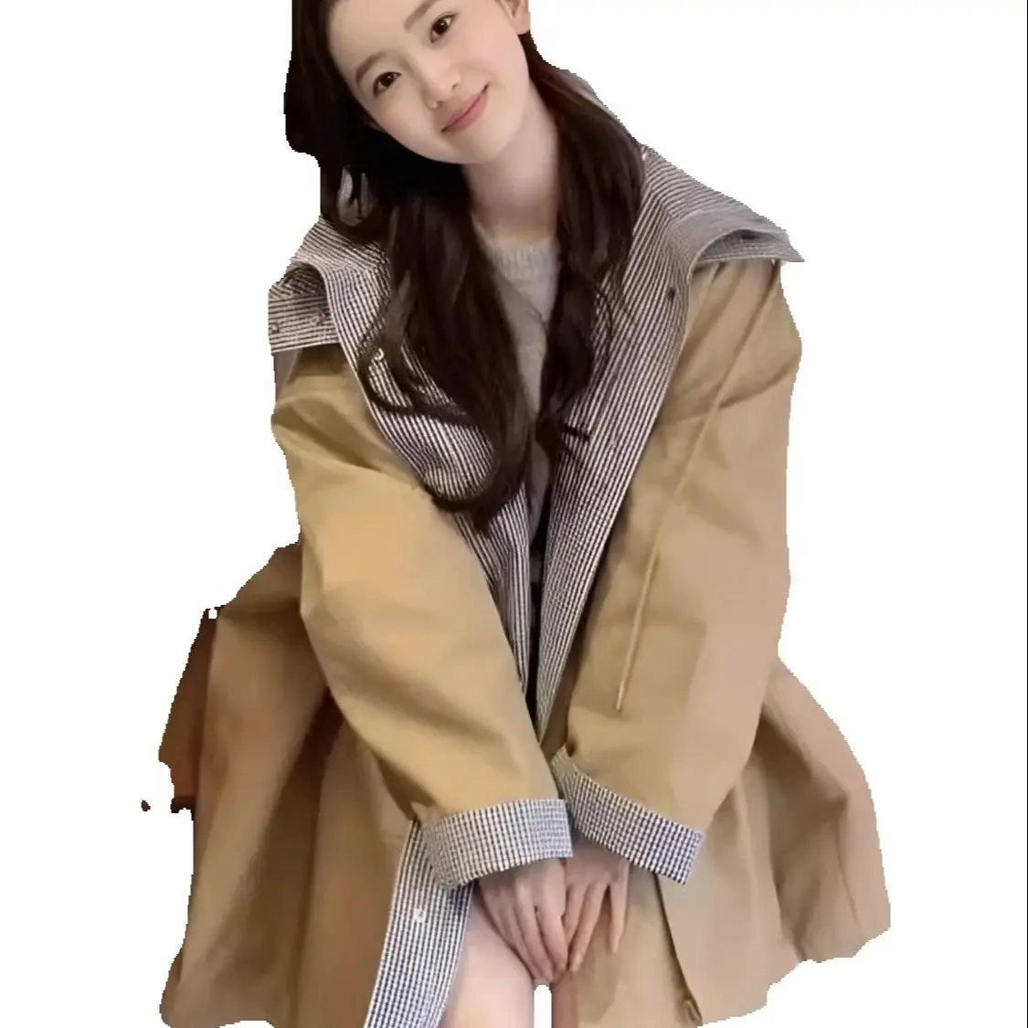 

Свободная клетчатая накидка с капюшоном, пальто премиум-класса цвета хаки, длинная ветровка на подкладке, плащ цвета хаки, женский весенний корейский плащ с капюшоном