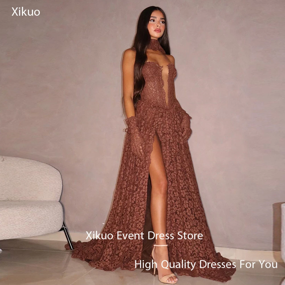 Xikuo Изящные кружевные вечерние платья трапециевидной формы без бретелек халат коктейльные женские иллюзии летние платья для выпускного вечера с высоким боковым разрезом по индивидуальному заказу