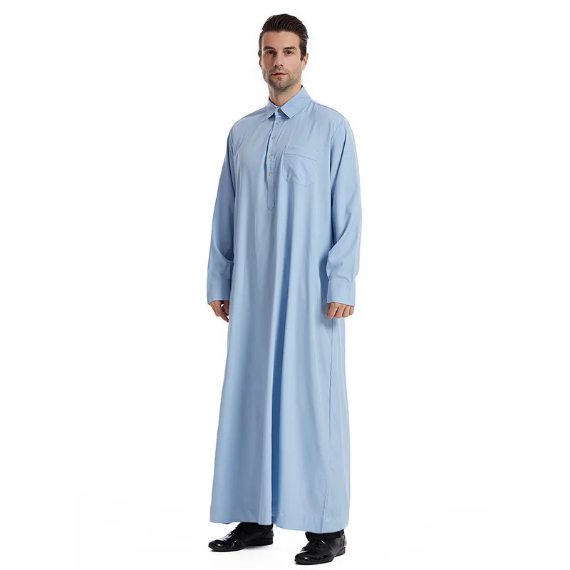 Ropa islámica de manga larga para hombre, traje musulmán suelto, caftán de Arabia, Color sólido, cuello levantado, Abaya, caftán, tela Islámica