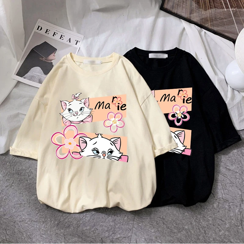 Mickey  Marie Cat T-shirt Women Girl Funny Cute Cartoon T-shirt with Print Casual Short Sleeve Woman T Shirt HarajukuTops