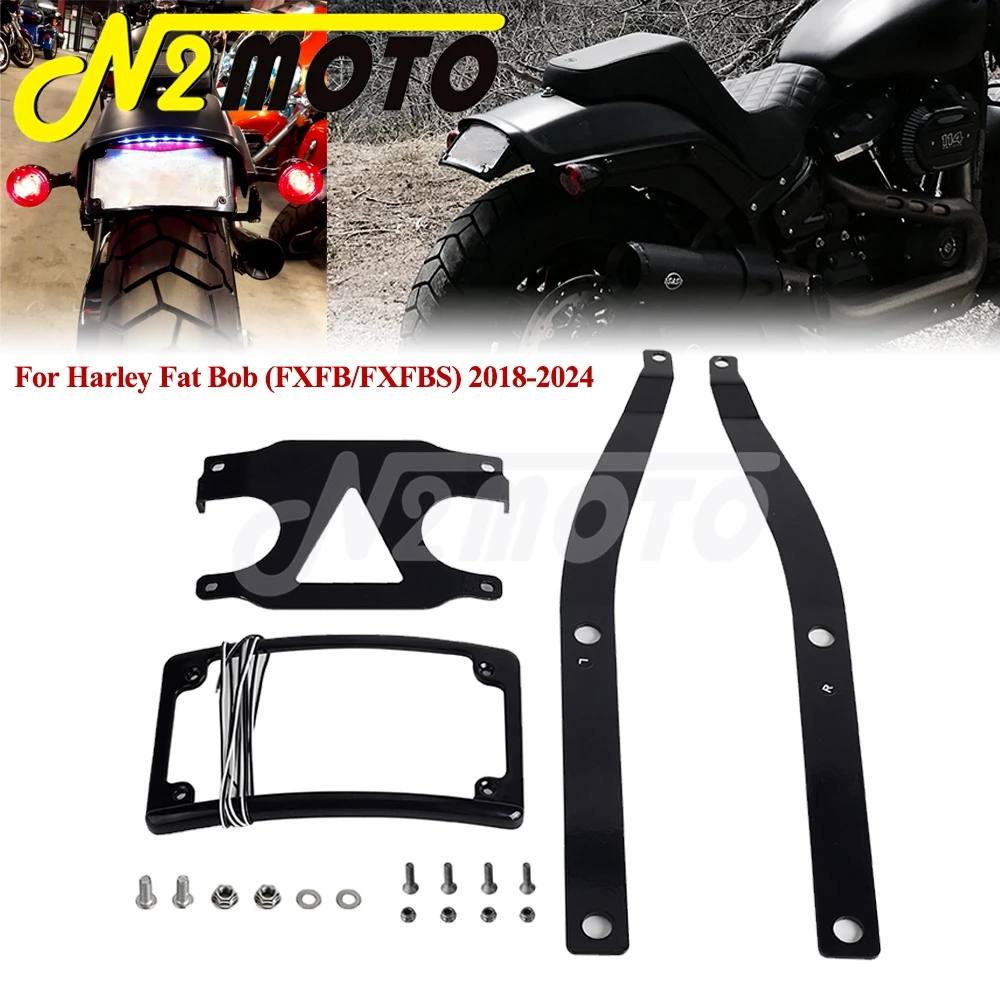 Motorcycle License Plate W/LED Frame For Harley Softail Fat Bob FXFB FXFBS 2018-2024 Tag Mount Relocation Curved Licence Bracket