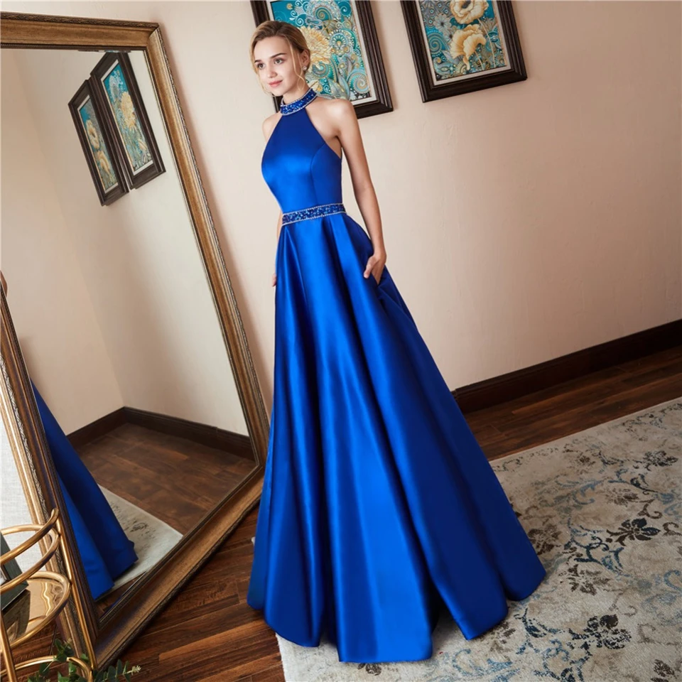 Customized Newest Royal Blue Halter Satin A-Line Beaded Sequin Long Prom Dresses Sleeveless Backless Floor Length Prom Dresses