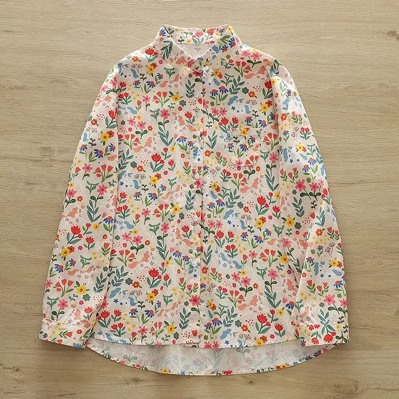 

Women's Beige Multicolor Floral Print Button Down Shirt with Chest Pocket Cotton Blouse