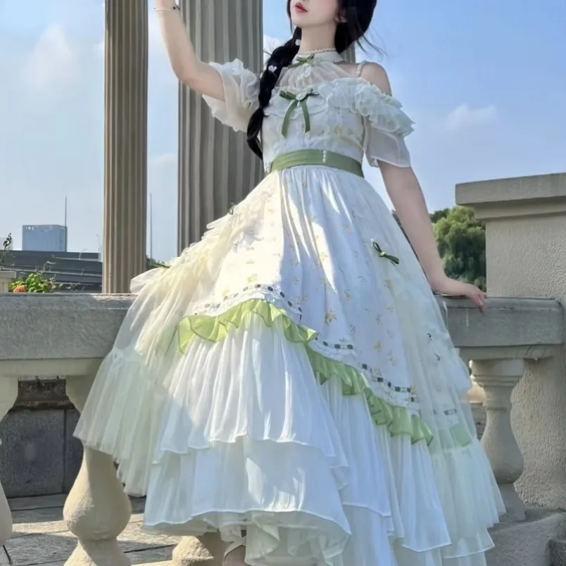 Vrouwen Victoriaanse Vintage Lolita Japanse Op Dresssweet Strik Ruches Off Shoulder Gebloemde Lange Jurken Elegante Prinses Feestjurk