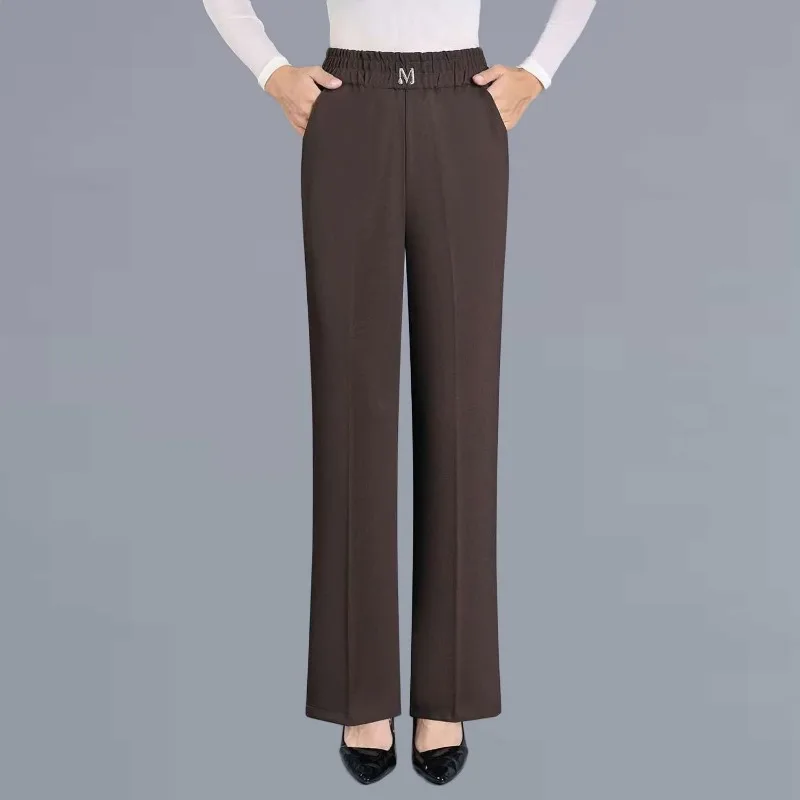 Women Elastic Waist Letter Decor Pocket Micro Flare Casual Long Pants