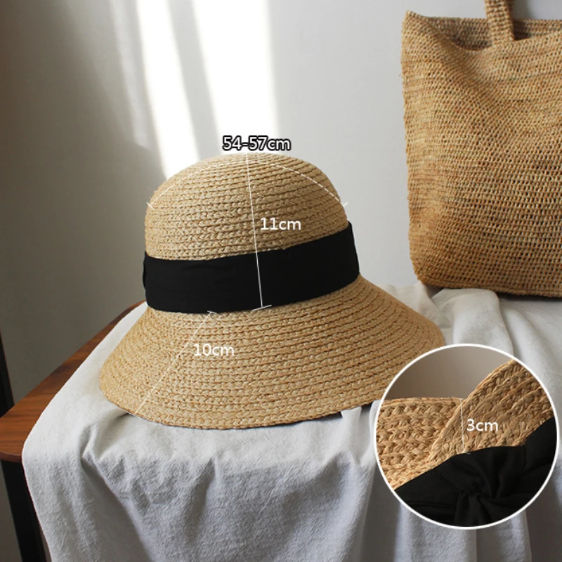 Spring/summer Raffia Back Brim Ribbon Straw Hat Foldable Beach Hat for Women Large-brimmed Sunscreen Sun Hat