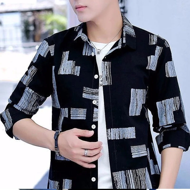 Spring Summer New Turn-down Collar Fashion Long Sleeve Shirt Man High Street Casual Button Cardigan Korean Style Printing Tops