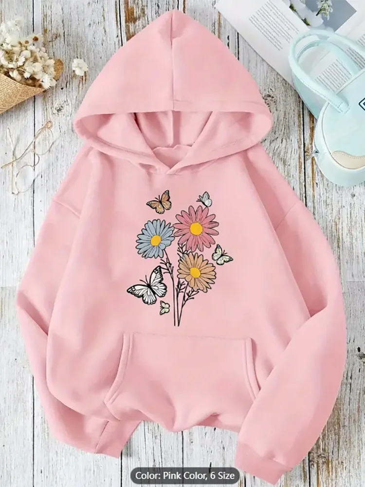 Felpa con cappuccio da donna con stampa grafica margherita e farfalla Felpa con cappuccio casual oversize con coulisse per gli amanti dello stile floreale Puro cotone