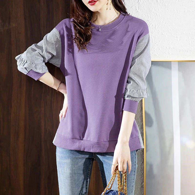 Spring Autumn Casual Fashion Long Sleeve Striped Patchwork Sweatshirt Top Women Fungus Edge All-match Pullover Lady Loose Jumper