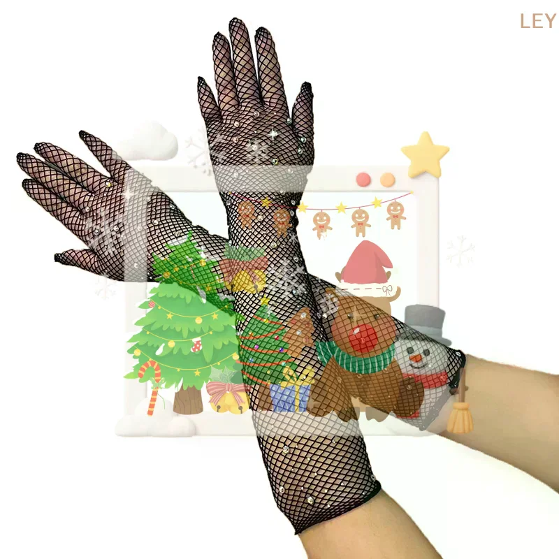 Sexy Elastic Rhinestones Mesh Gloves Flash Diamond Full Finger Fishing Net Gloves Electronic Music Festival Clothing Accessories