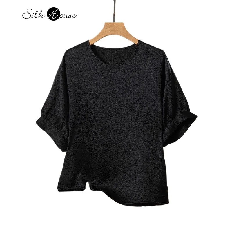 

Black 100% Natural Mulberry Silk Pearl Satin Short Sleeved Women's Round Neck Loose and Versatile Casual T-shirt
