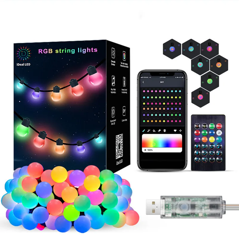 Inteligente ao ar livre LED String Lights, lâmpada impermeável, lâmpadas globo, App controle remoto, música Sync, Bluetooth, RGB, G40