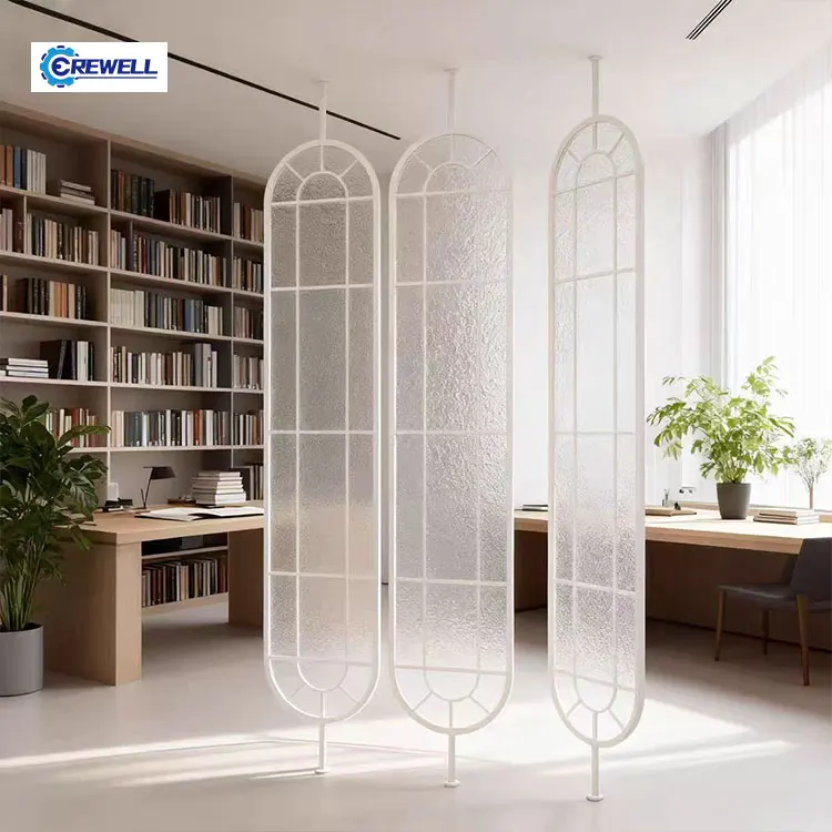 AIROW Contemporary Matte White Revolving Partition, Laser Cut Waterproof Metal & Glass Screen for Household Interior Decor