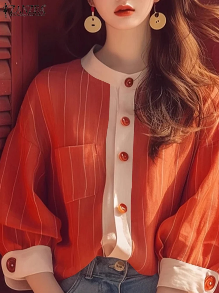 2025 Autumn Elegant Stripes Blouses ZANZEA Casual Drop Shoulder Shirts Women 3/4 Sleeve Tops Casual Splicing Open Up Tunics