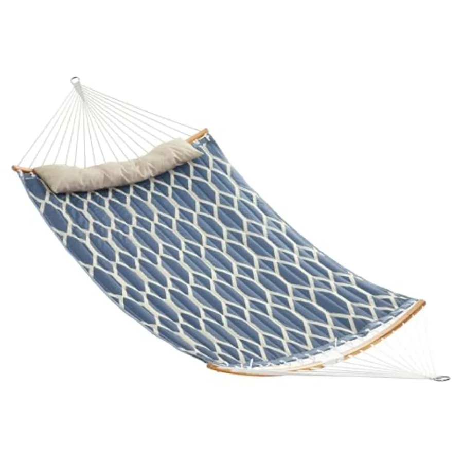 

Hammock for outdoor relaxation, garden, patio, and camping; quilted polyester fabric, blue color, padded pillow and 495 lb weig