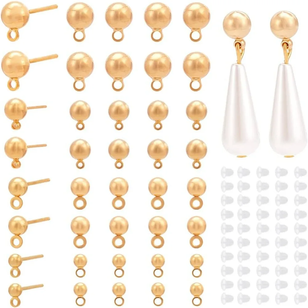 40Pcs 18K Real Gold Ball Post Earring Studs, 4 Size Brass Round Ball Stud Earring Posts with Horizontal Loops and 50Pcs Plastic