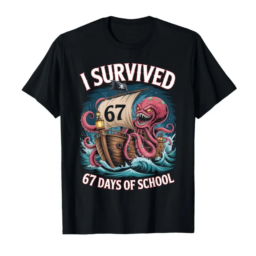 Sobreviví en 67 días de escuela 6-7 niños camiseta pirata pulpo para hombres mujeres 100% camisetas de algodón camisetas de manga corta 1124-2