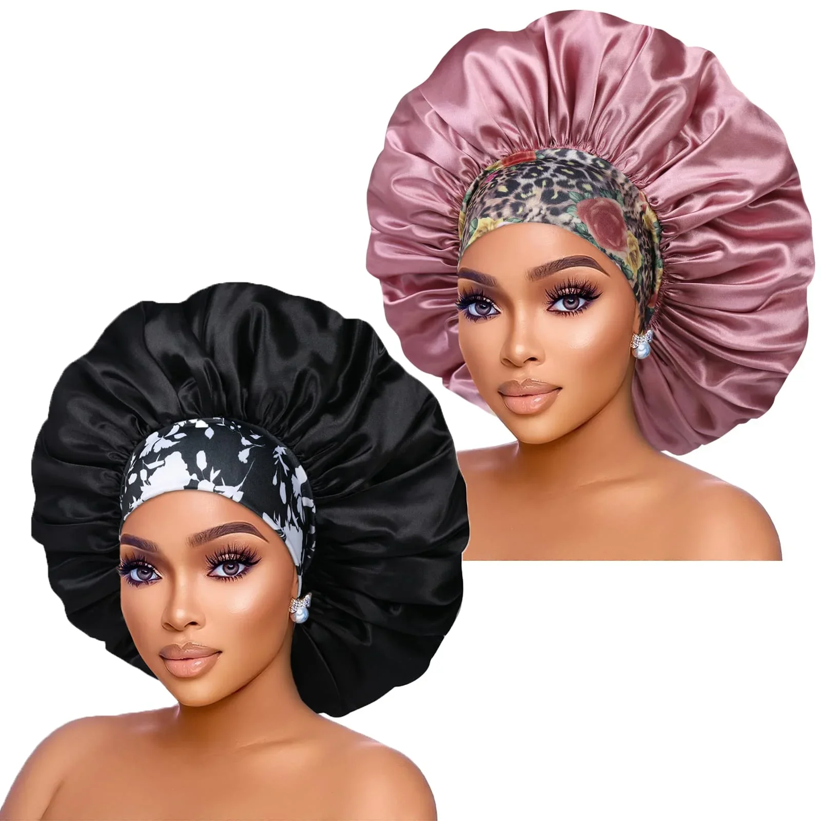 2pcs Satin Bonnet 17inch Diameter Jumbo Sleeping Satin Bonnets with Comfortable Flower Band Hair Bonnet for Women Braids Curly