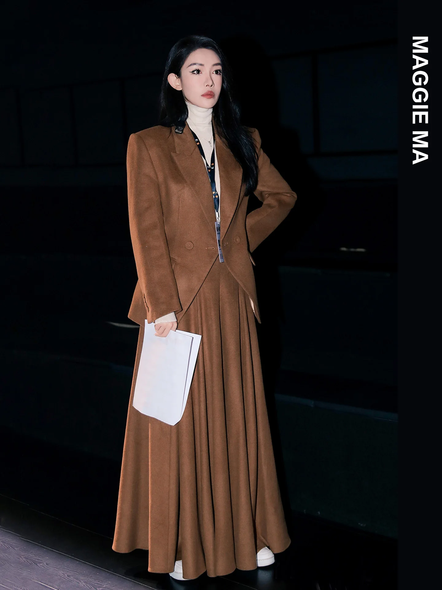 

Шерстяной костюм Maggie Ma, комплект из трех предметов, жилет золотистого верблюжьего цвета, плиссированная длинная юбка, элитная женская мода, осенняя коллекция