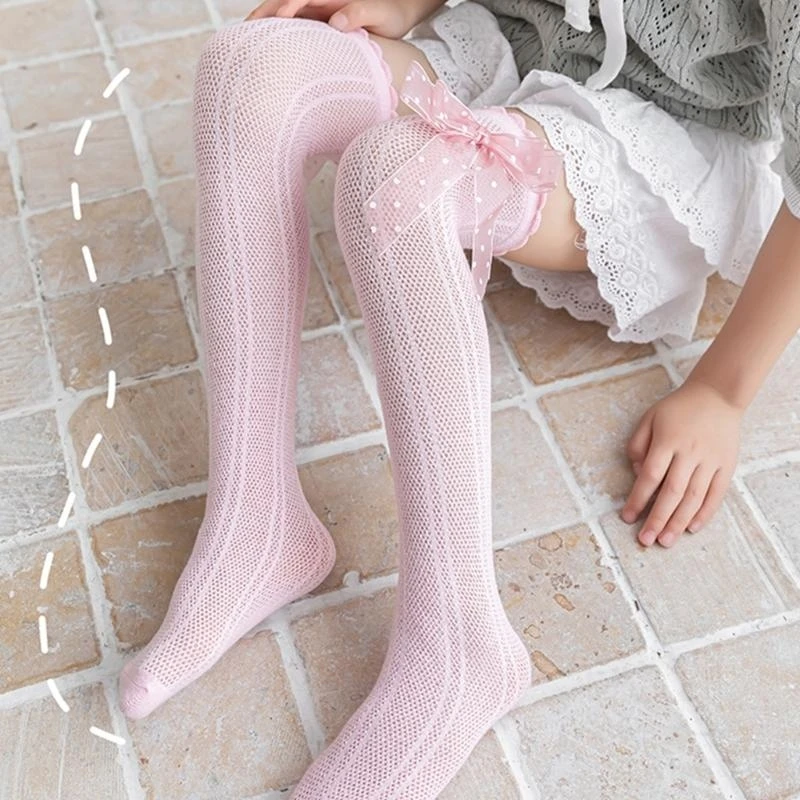 Girls Knee Length Cotton Socks Feature Lovely Lace Ruffle Bowknot Accent 3-12T Kids Sweet Stockings for Daily & Party J0MF