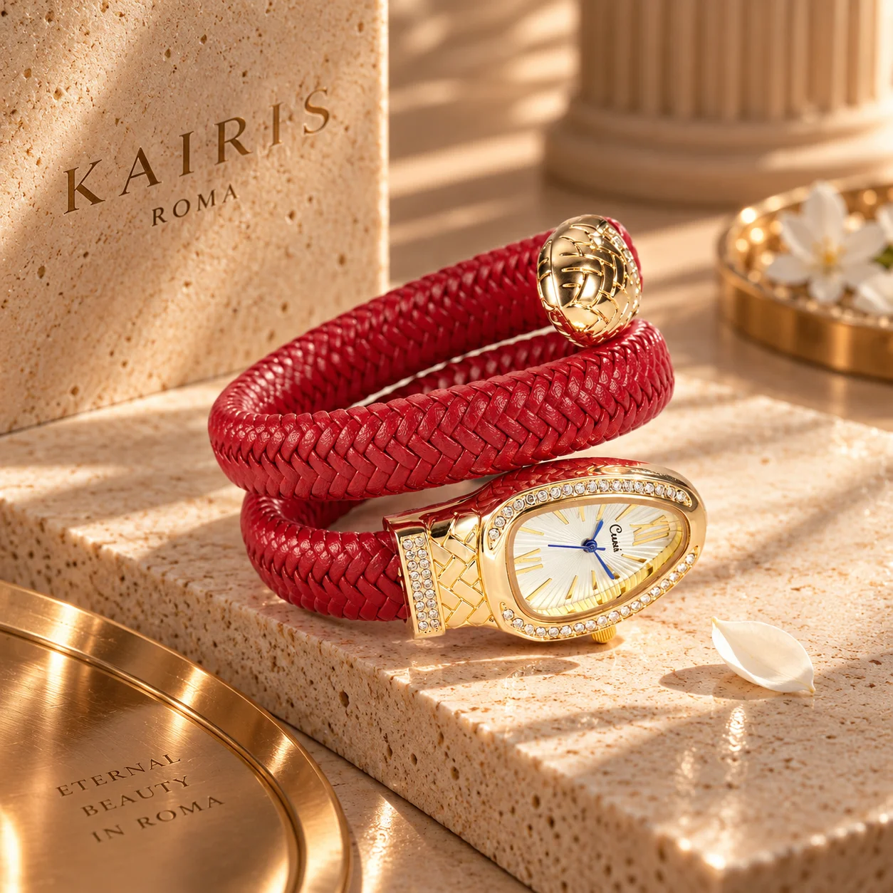 KAIRIS Women's Gold Quartz Watch White Braided Bracelet Irregular Dial Rhinestone Bezel Luxury Fashion Wristwatch for Ladies