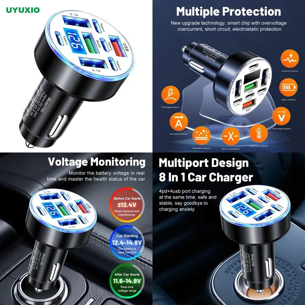 UYUXIO 8 in 1 Super Fast Charge Adapter in Car with Volt Meter Multi Port USB Car Charger Type C with Voltage Display for iPhone