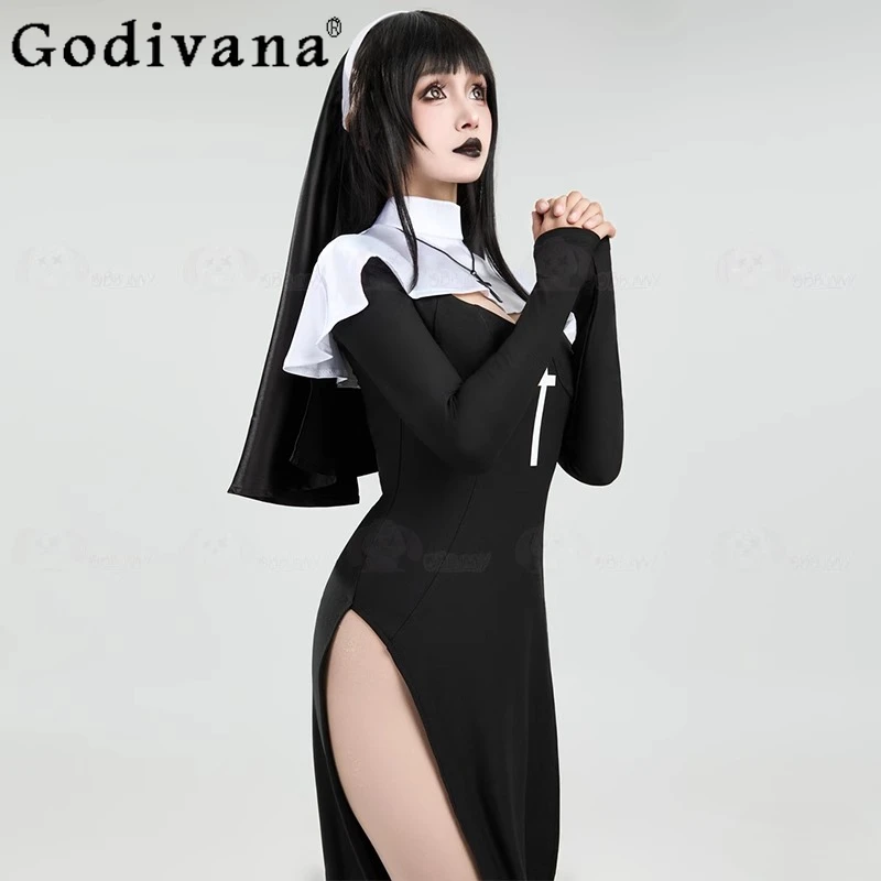 Ropa de actuación bonita para Halloween, disfraz Sexy de monja de Anime para mujer, disfraz de actuación para mujer, vestido elegante negro y chal
