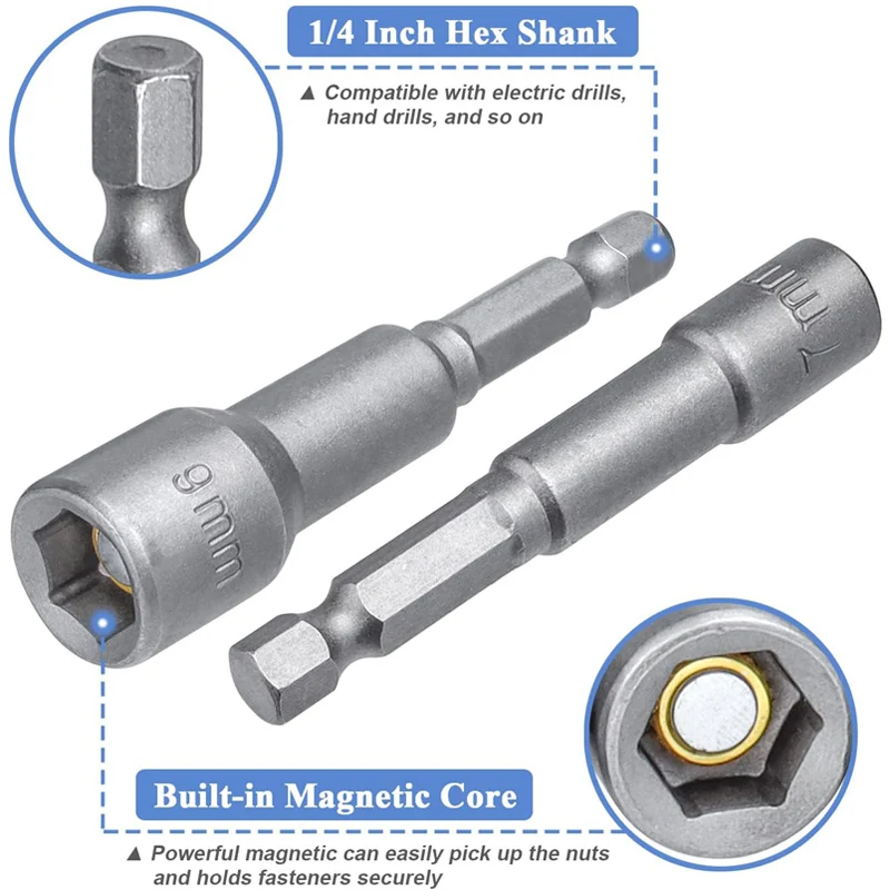 Impact Socket Set 8/10pcs Magnetic Nut Screwdriver 1/4 Hex Key Set Drill Bit Adapter for Power Drills Impact Drivers Socket Kit