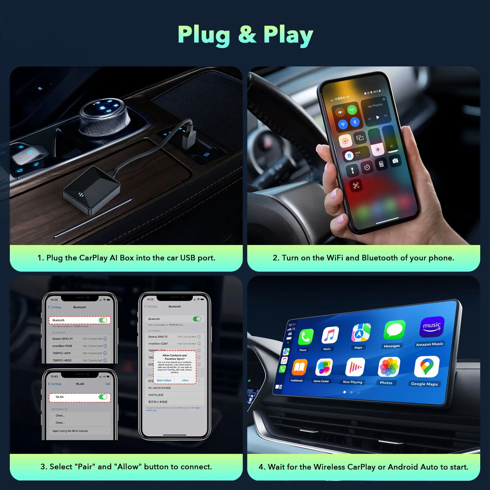 Carplay Android Auto Wireless Adapter,2 in 1 Apple Carplay,Plug-and-Play,5.8 GHz,, Compatible with car 2016+,IOS 10+,Android 11+