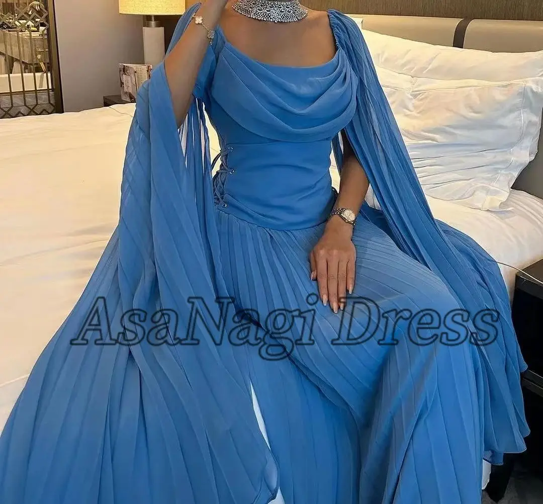 AsaNagi Blue Chiffon Prom Dresses Boat Neck Pleated Ankle-Length Women Elegant Evening Party Dress 2023 فساتين سهره Saudi