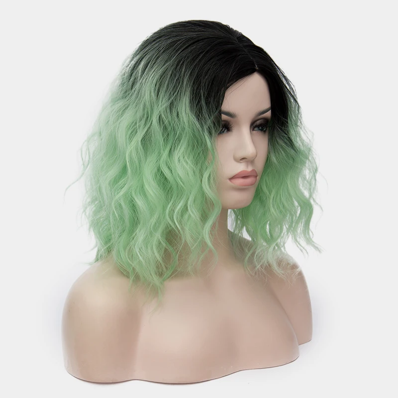 Synthetic Short Black Gradient Green Curly Wig with Side Bangs for Women Daily Cosplay Lolita Party Fake Hair Heat Resistant