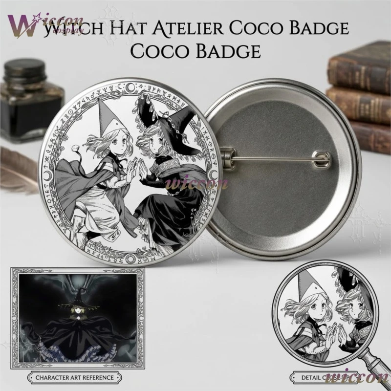 Cos Room Witch Hat Atelier Season 2 Coco Black Dress Badge Tin Brooch Anime Collectible Pin Comic Con Backpack Decor Halloween