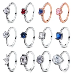 Anillos de plata de ley 925 originales para mujer, cristales de corona de corazón de amor, sortija apilable de boda de compromiso de oro rosa, regalo de joyería