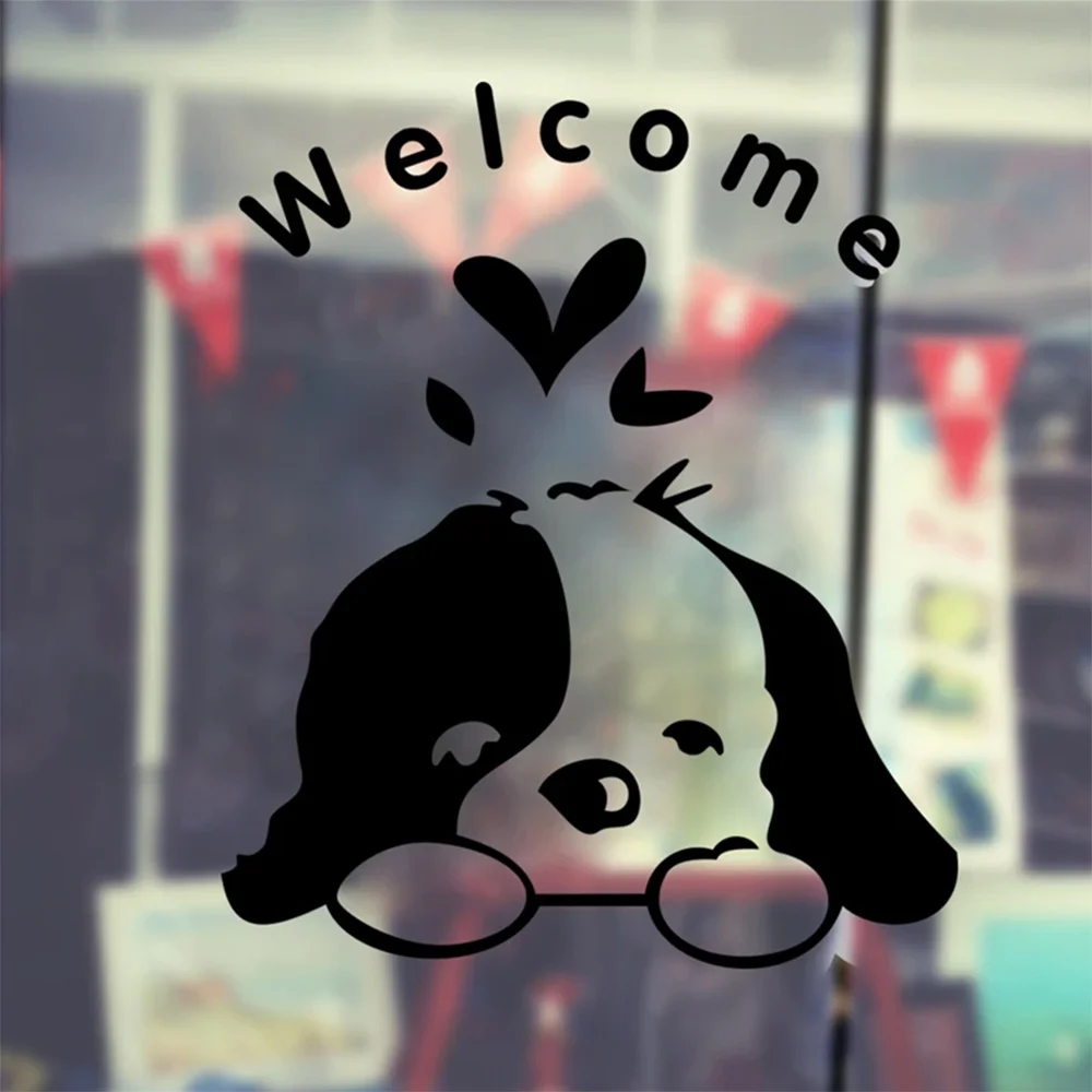 cartoon dog welcome letters black vinyl wall decals for shop home door wall art decor adesivos de parede diy sticker