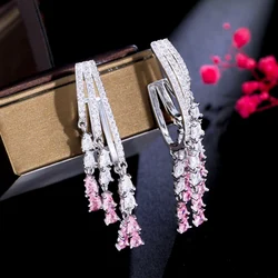 CWWZircons Creative Design Bling Cluster Pink Cubic Zirconia Dangle Tassel Drop Long Earrings for Women Festive Party Gift CZ489