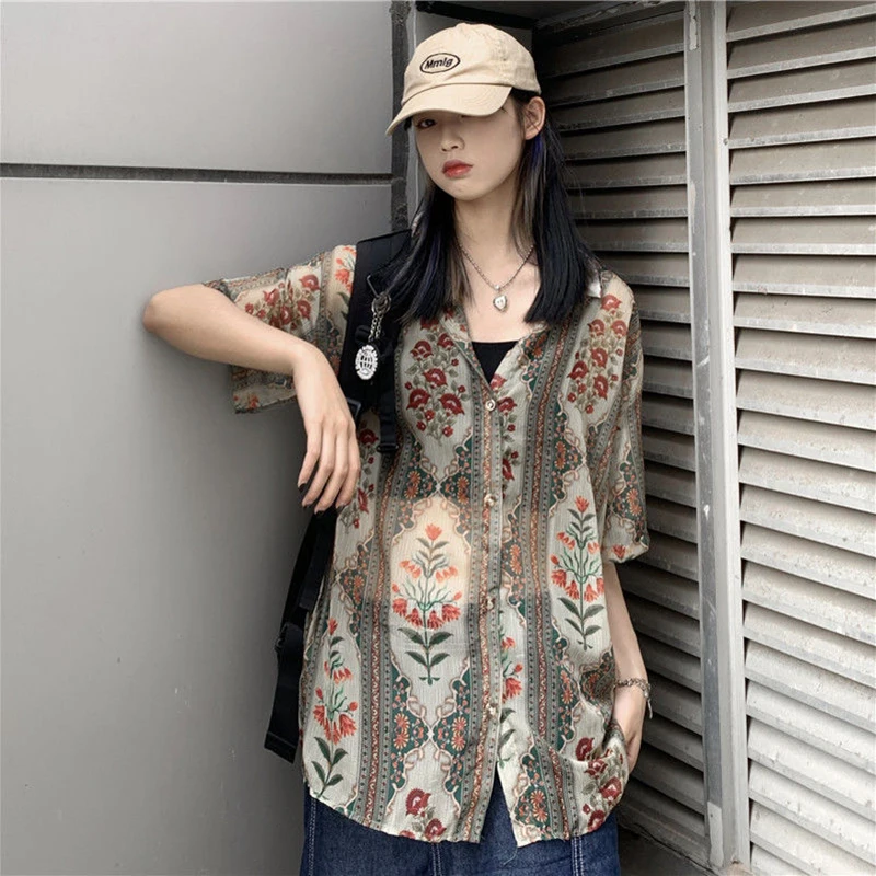 MEXZT Vintage Floral Sheer Shirts Women Harajuku Oversized Short Sleeve Blouses Summer Y2K 2000s Streetwear Print Loose Tops New