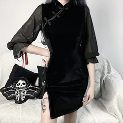 Women Chinese Style Black Cheongsam Dress Retro Elegant Lady Velvet Mini Dress Fashion Bodycon Slim Qipao Dress Vintage Vestidos