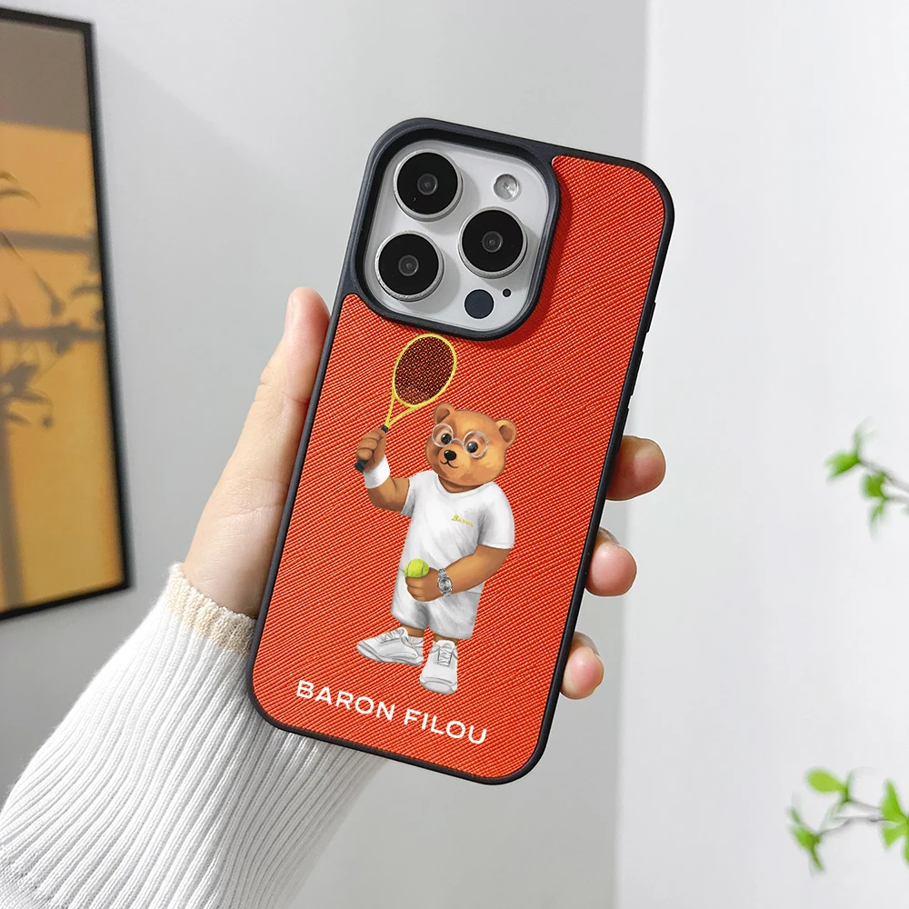 BARON FILOU BEAR جراب هاتف آيفون 16 15 14 plus 13 12 11 pro max غطاء فاخر متقاطع من الجلد فوندا حافظات تنس رياضية