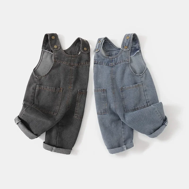 2024 New Autumn Baby Overall 9M-5T Boys Solid Color Retro Loose Fitting Jeans Toddler Thin Large Pocket Jumpsuit