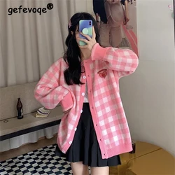 Autumn Fashion Japanese Jk Uniform Checkerboard Kawaii Embroidery Sweater Cardigan Loose Women's Clothing Knitted Top Outer Wear