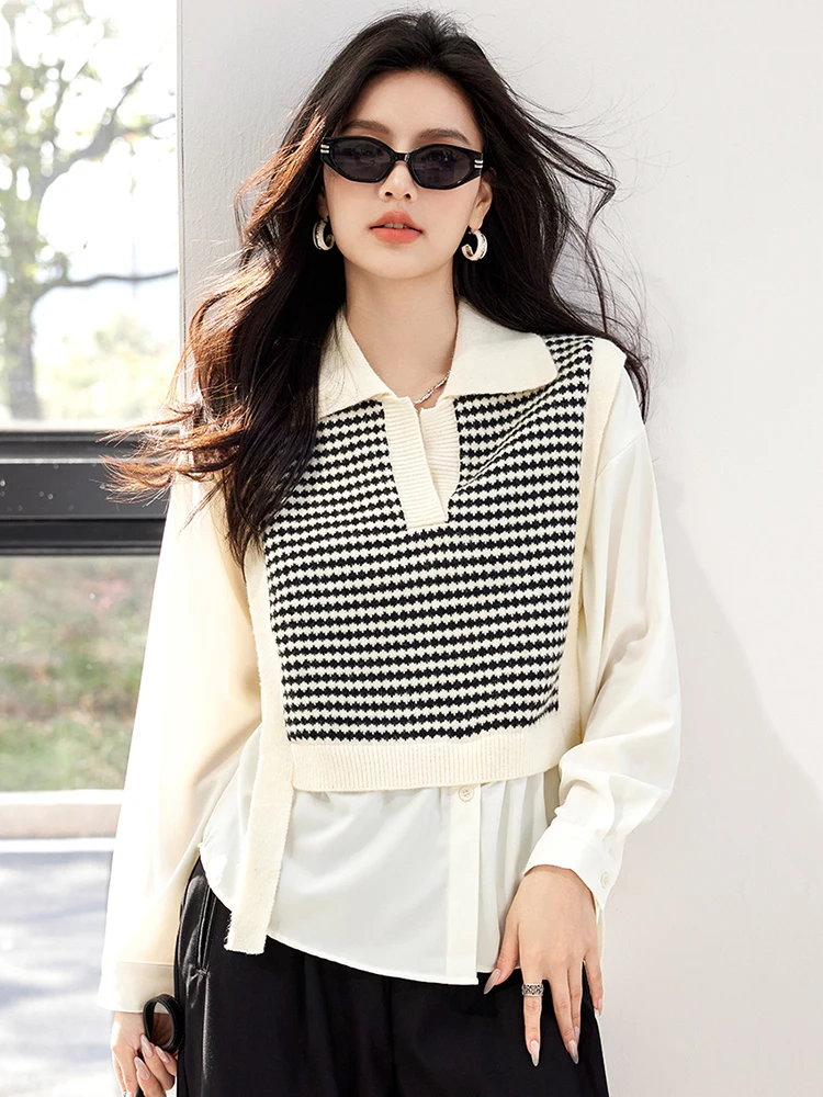 Fashion Fake Two-piece Knitted Vest Stitching Shirt Women Autumn New Turn-down Collar Long Sleeve Tops Sweater