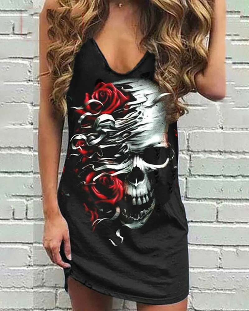 Szalik z czaszką Okulary przeciwsłoneczne Drukuj Damska letnia kamizelka bez rękawów Sukienka w jednolitym kolorze Streetwear O-Neck Casual